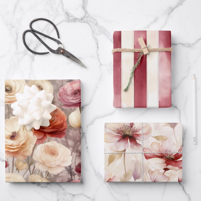 Burgundy Cream Spring Flowers Bridal Shower Wrapping Paper Sheets (Front)