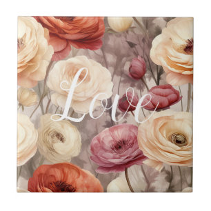 Burgundy Cream Spring Flowers Love Ceramic Tile