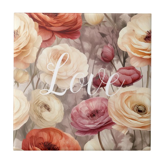 Burgundy Cream Spring Flowers Love Ceramic Tile (Front)