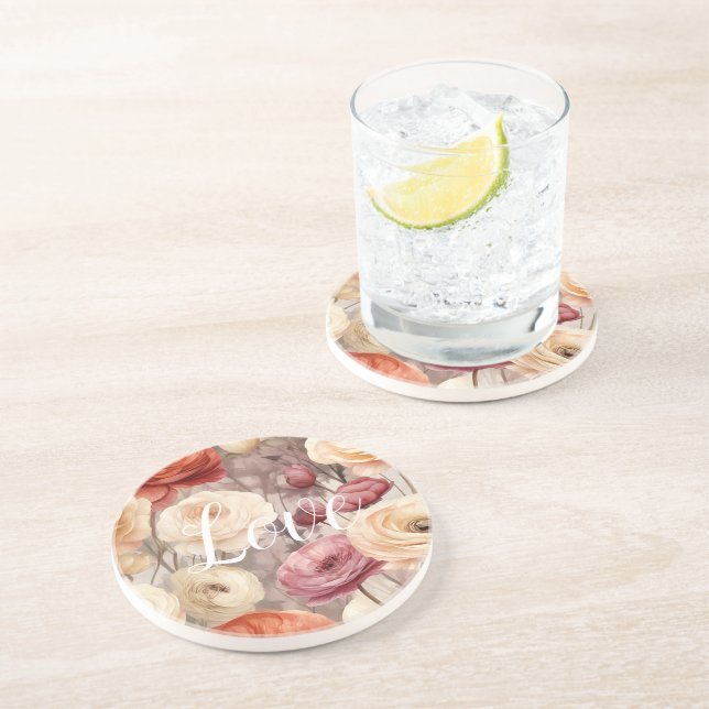 Burgundy Cream Spring Flowers Love Coaster (Side)