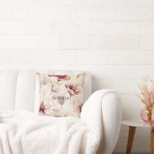 Burgundy Cream Spring Flowers  Throw Pillow