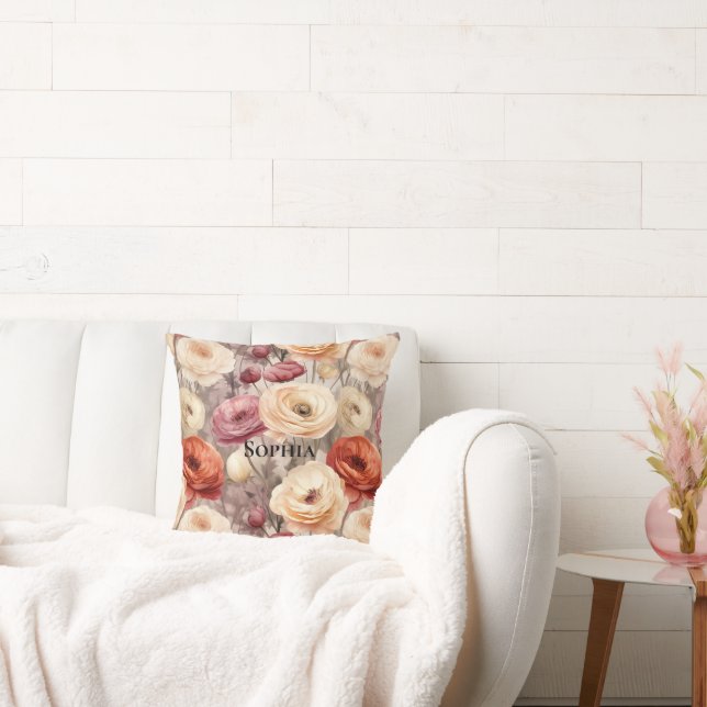 Burgundy Cream Spring Flowers  Throw Pillow (Couch)