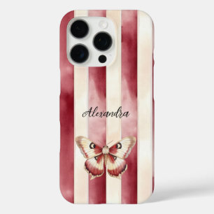 Burgundy Cream Stripes Butterfly iPhone 16 Pro Case