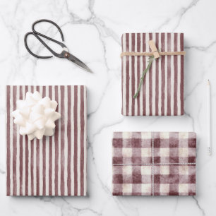 Burgundy Cream Stripes Christmas Wrapping Paper Sheets
