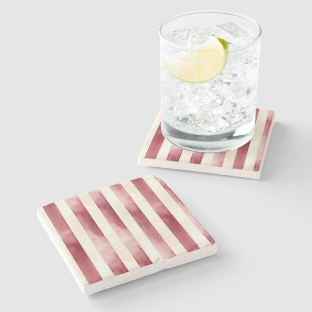 Burgundy Cream Stripes  Stone Coaster (Side)