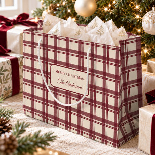 Burgundy Cream Tartan Plaid Christmas Large Gift Bag