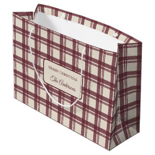 Burgundy Cream Tartan Plaid Christmas Large Gift Bag