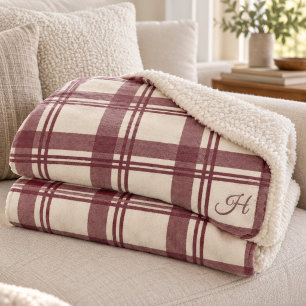 Burgundy Cream Tartan Plaid Monogrammed Sherpa Blanket