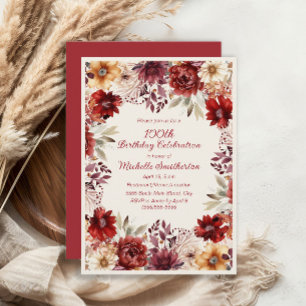 Burgundy Cream Watercolor Floral 100th Birthday Invitation