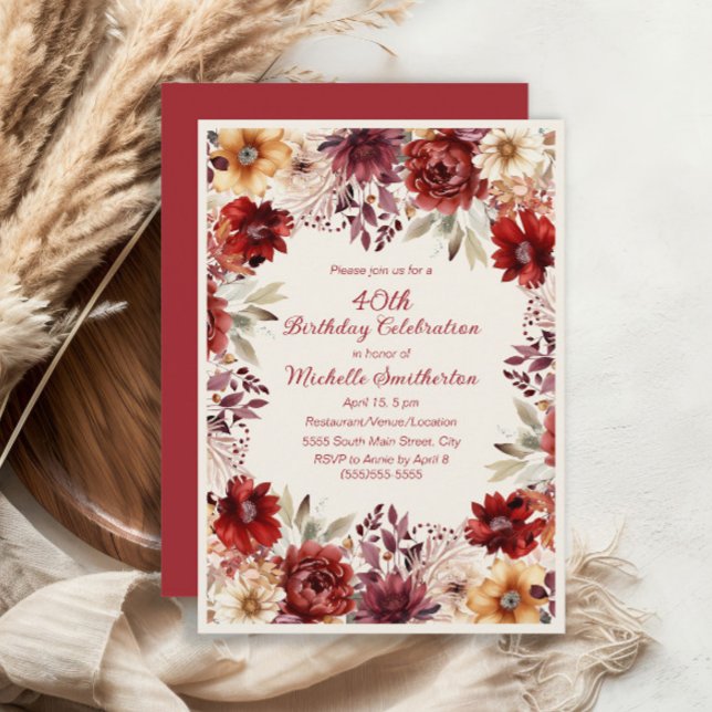 Burgundy Cream Watercolor Floral 40th Birthday Invitation (Burgundy and cream floral 40th birthday party invitation)