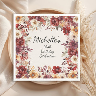 Burgundy Cream Watercolor Floral 60th Birthday Napkins
