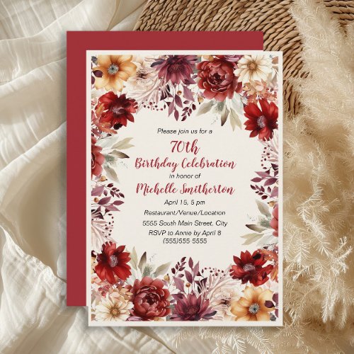 Burgundy Cream Watercolor Floral 70th Birthday Invitation