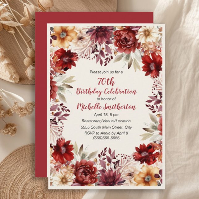 Burgundy Cream Watercolor Floral 75th Birthday Invitation (Burgundy, rust, and cream-colored watercolor floral 70th birthday party invitation)