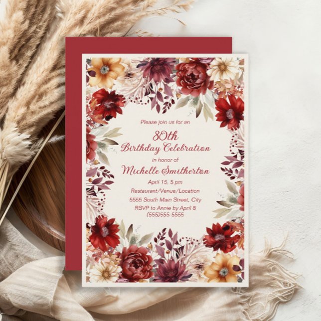 Burgundy Cream Watercolor Floral 80th Birthday Invitation (Burgundy and cream floral 80th birthday party invitation)