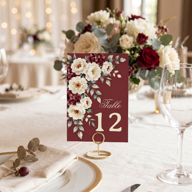 Burgundy Cream Watercolor Floral Winter Wedding Table Number (Creator Uploaded)
