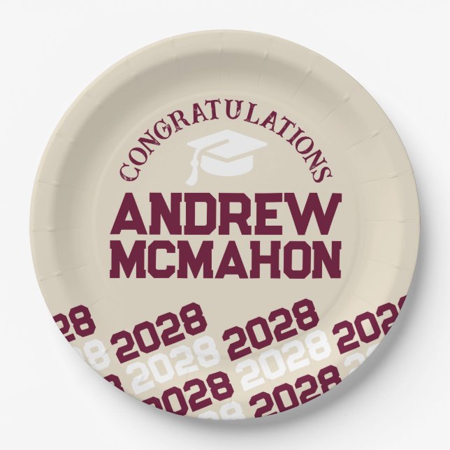 Burgundy, Cream & White Personalized Graduation Paper Plates (Front)