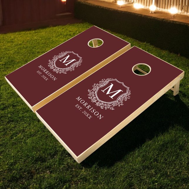 Burgundy Crest Modern Monogram Wedding  Cornhole Set (Creator Uploaded)