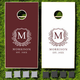 Burgundy Crest Modern Monogram Wedding Cornhole Set
