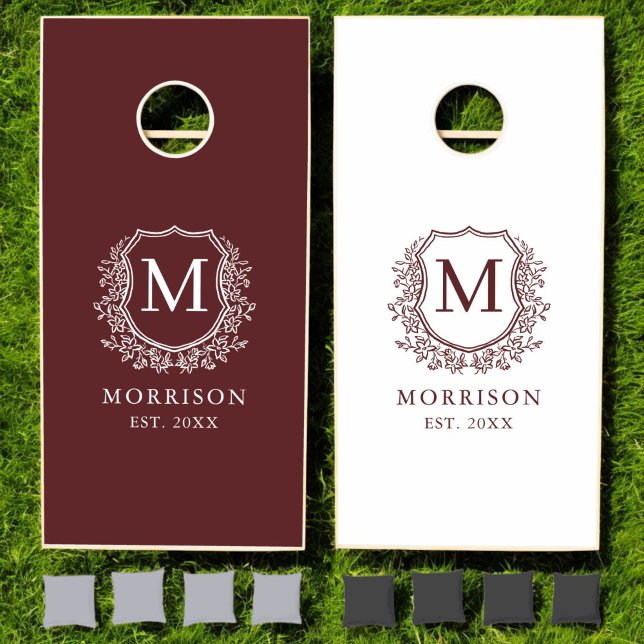Burgundy Crest Modern Monogram Wedding  Cornhole Set (Creator Uploaded)