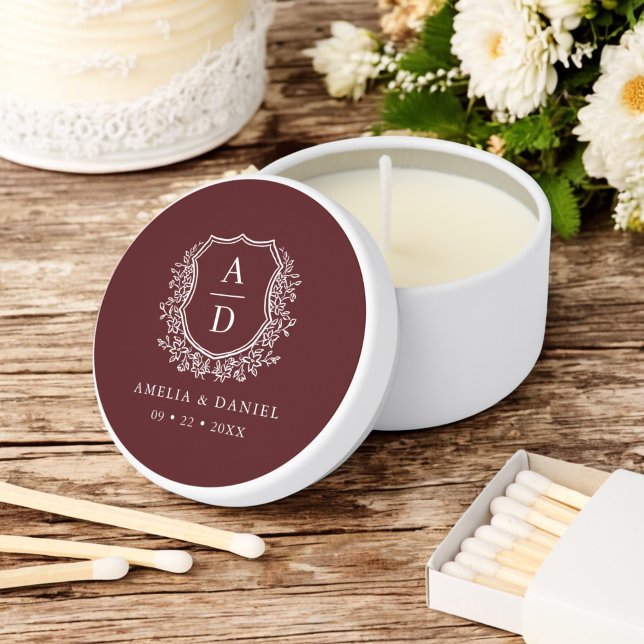 Burgundy Crest Modern Monogram Wedding  Mini Candle Favors (Creator Uploaded)