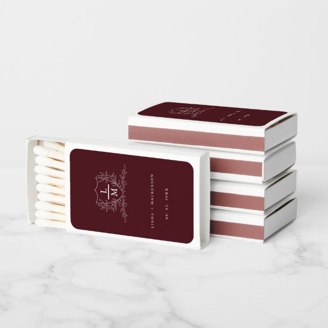 Burgundy Crest Monogram Wedding Favors Matchboxes (Stacked)