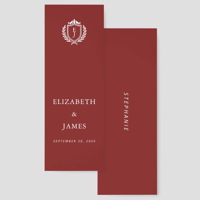 Burgundy Crest Wedding Custom Initials Bookmarks (Front & Back)
