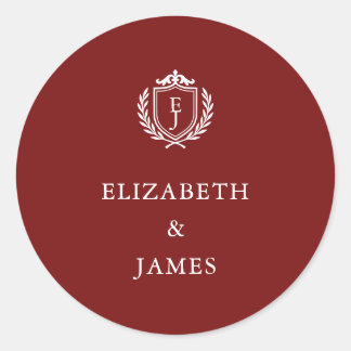 Burgundy Crest Wedding Custom Initials Classic Round Sticker