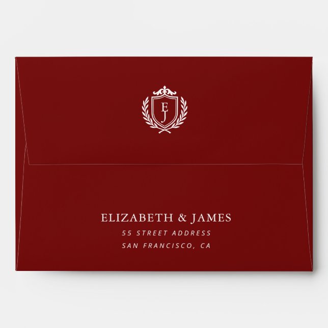Burgundy Crest Wedding Custom Initials Envelope (Back (Top Flap))