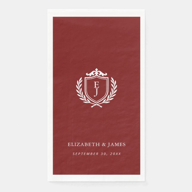 Burgundy Crest Wedding Custom Initials Paper Guest Towels (Front)