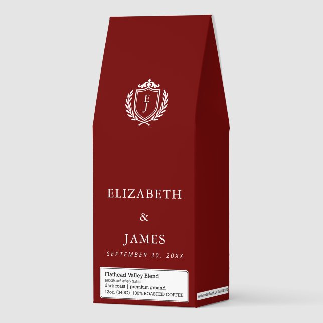Burgundy Crest Wedding Custom Initials Roasted Coffee (Front)