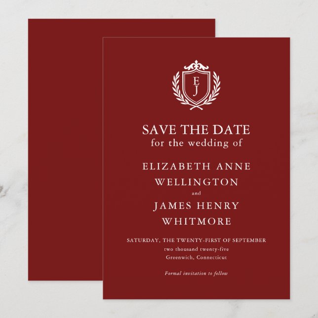 Burgundy Crest Wedding Custom Initials Save The Date (Front/Back)