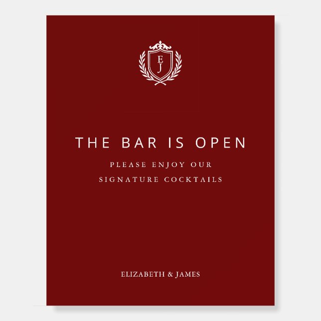 Burgundy Crest Wedding Welcome, Custom Initials Foam Board (Front)