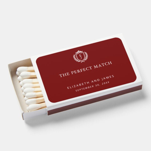 Burgundy Crest Wedding Welcome, Custom Initials Matchboxes (Front Open)