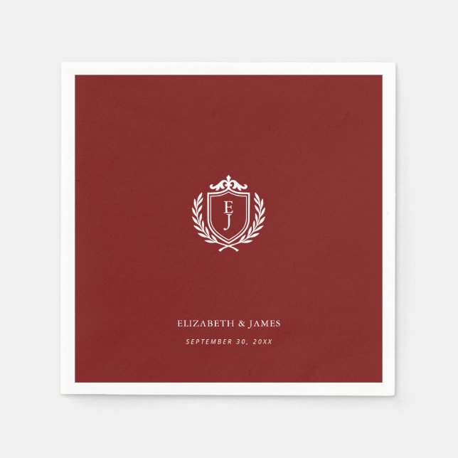 Burgundy Crest Wedding Welcome, Custom Initials Napkins (Front)