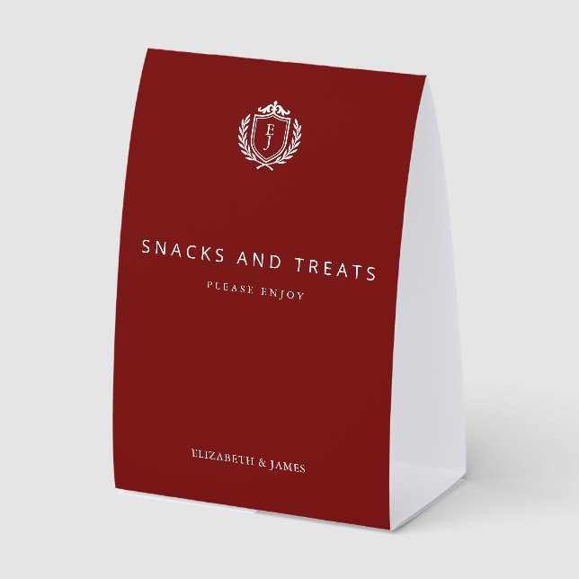 Burgundy Crest Wedding Welcome, Custom Initials Paper Table Tent (Front)