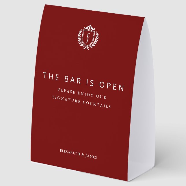 Burgundy Crest Wedding Welcome, Custom Initials Paper Table Tent (Front)