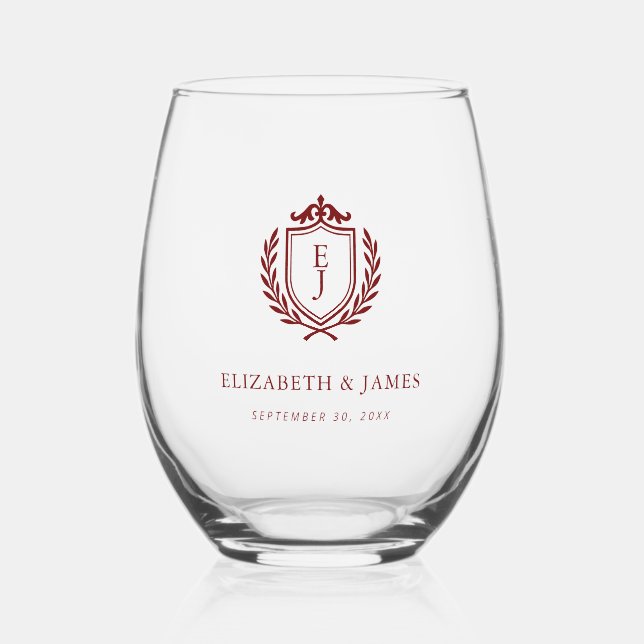 Burgundy Crest Wedding Welcome, Custom Initials Stemless Wine Glass (Back)