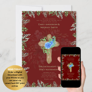 Burgundy Cross Catholic Nuptial Mass Wedding Invitation