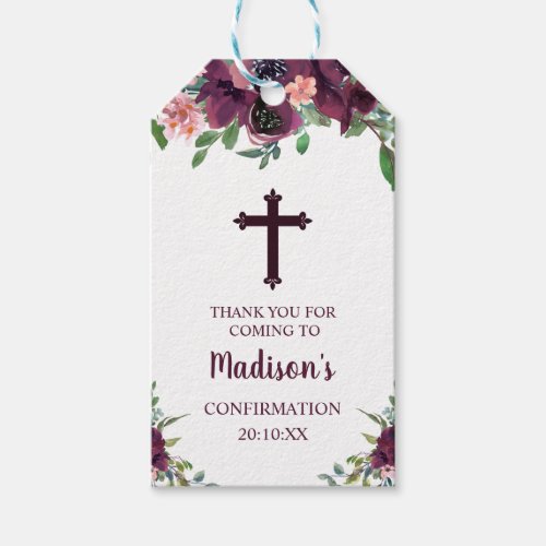 Burgundy Cross Floral Watercolor Confirmation Gift Tags