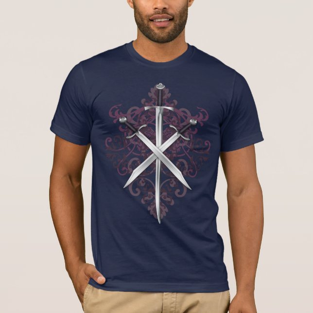 Burgundy Cross Swords& Scroll Men's T-Shirt (Front)