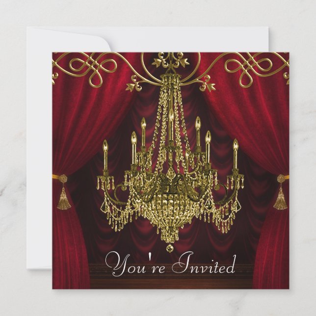 Burgundy Curtains Red Gold Chandelier Party Invitation (Front)