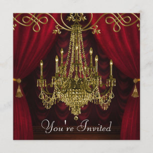 Burgundy Curtains Red Gold Chandelier Party Invitation