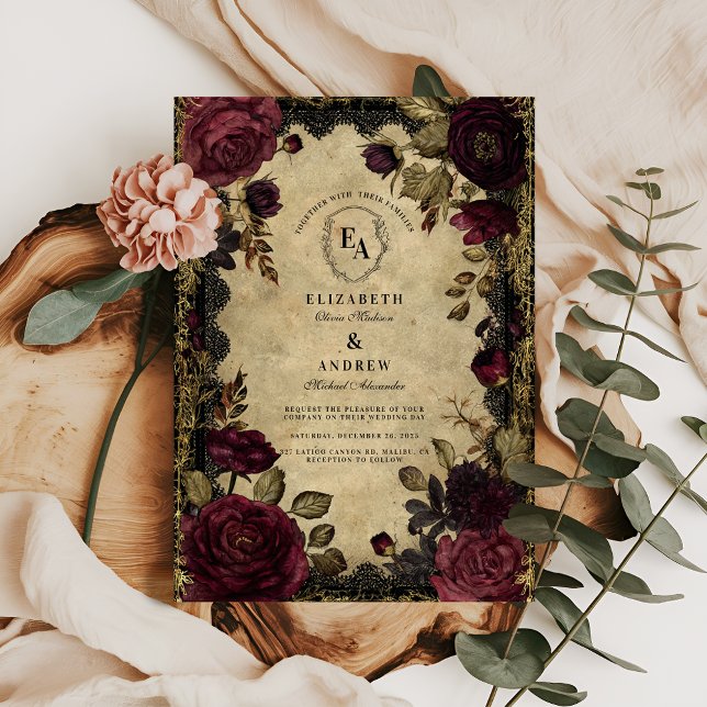 Burgundy Dahlia and Gold Baroque Romance Invitation (Creator Uploaded)