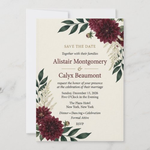 Burgundy Dahlia & Astilbe Botanical Elegant Save Invitation
