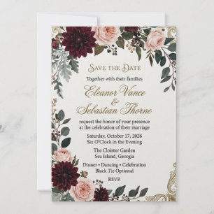 Burgundy Dahlia & Blush Rose Elegant Save Invitation