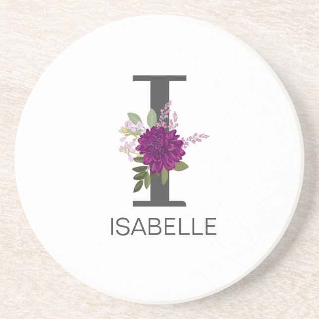 Burgundy Dahlia Floral Alphabet Letter Monogram   Coaster (Front)