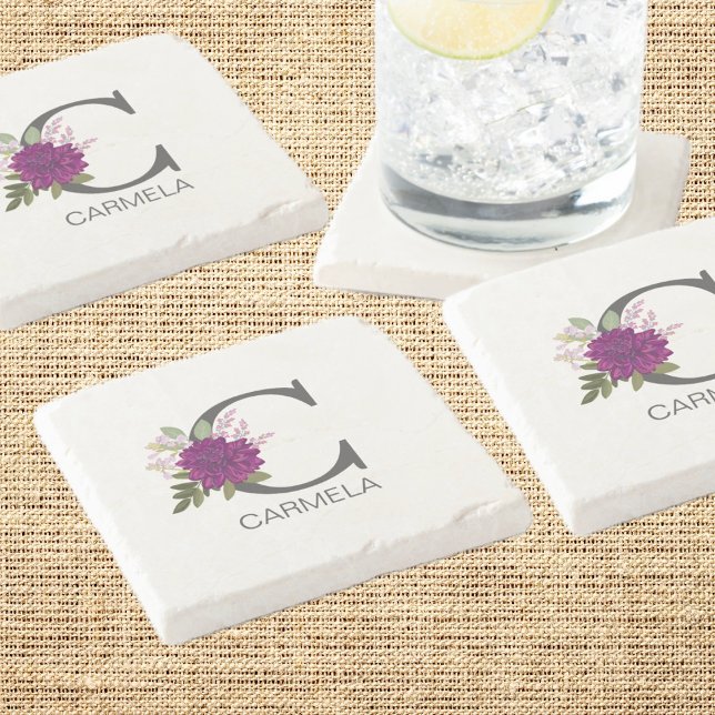 Burgundy Dahlia Floral Alphabet Letter Monogram  O Stone Coaster (Creator Uploaded)