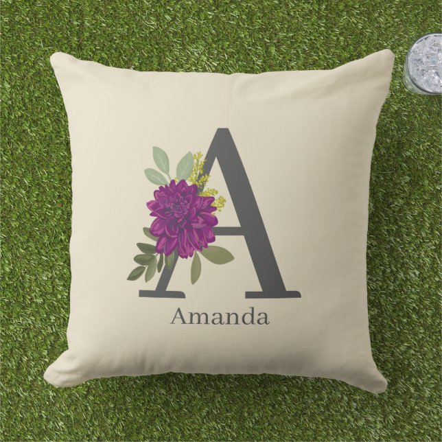 Burgundy Dahlia Floral Alphabet Letter Monogram  Outdoor Pillow (Grass)