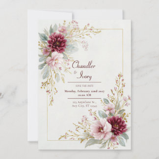 Burgundy Dahlia Pink Rose Gold Frame Wedding Invitation