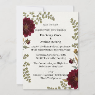 Burgundy Dahlias, Maidenhair Ferns, Botanical Line Invitation